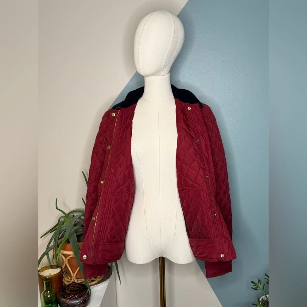 J.Crew Quilted Down Barn Jacket Corduroy Collar Wine Red Field Coat Woman’s S - Picture 3 of 12